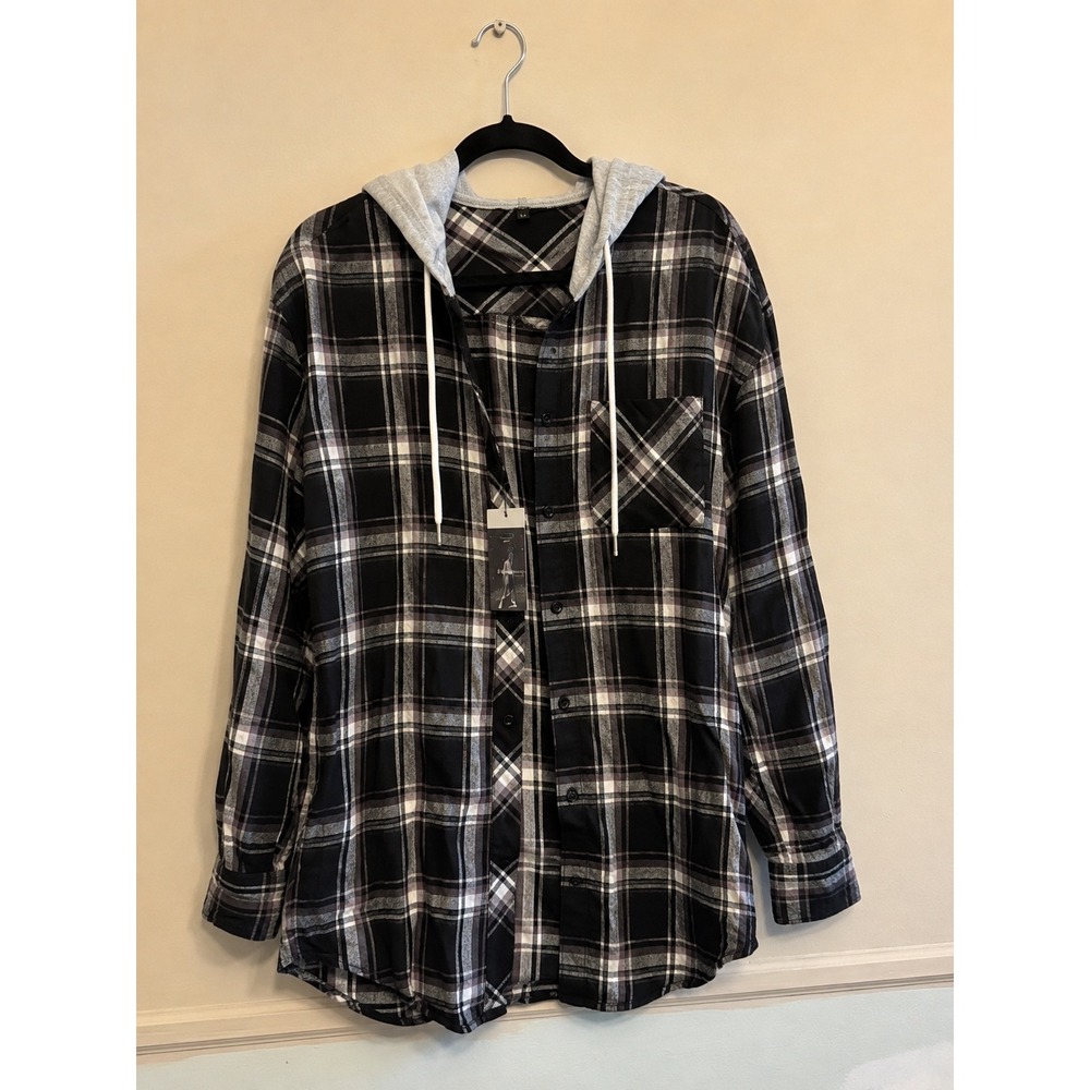 Grunge Black White Plaid Hooded Button Down Shirt Cotton Blend Long Sleeve L